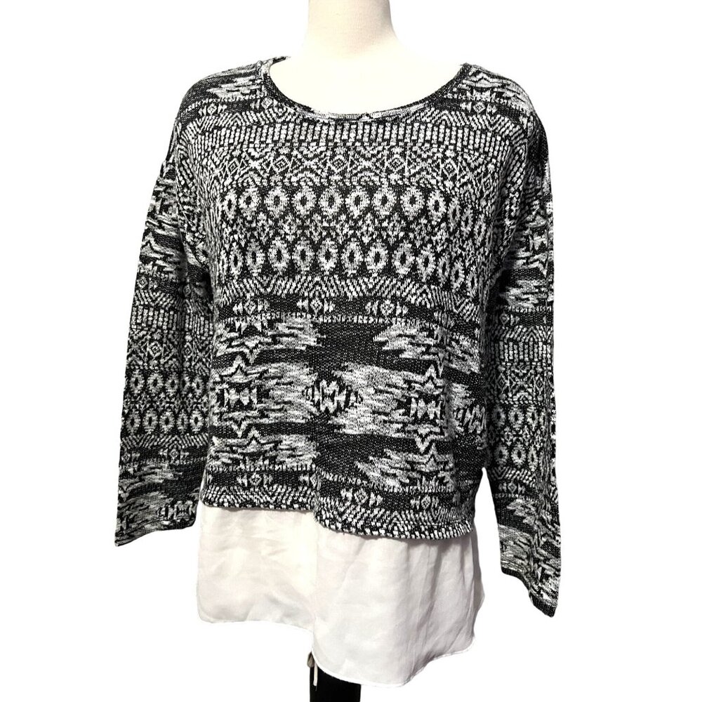 Kiara Black & White Tribal Blouse Sz XL Women's With White Sheer Draping Hem